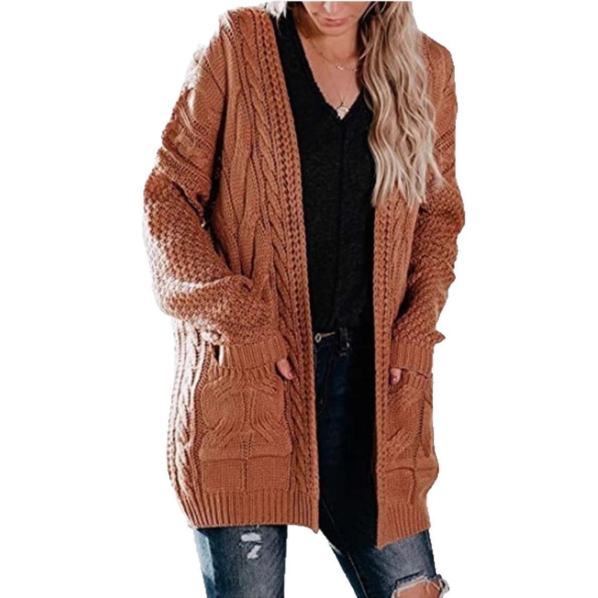 Stickad kofta dam – medellång med fickor