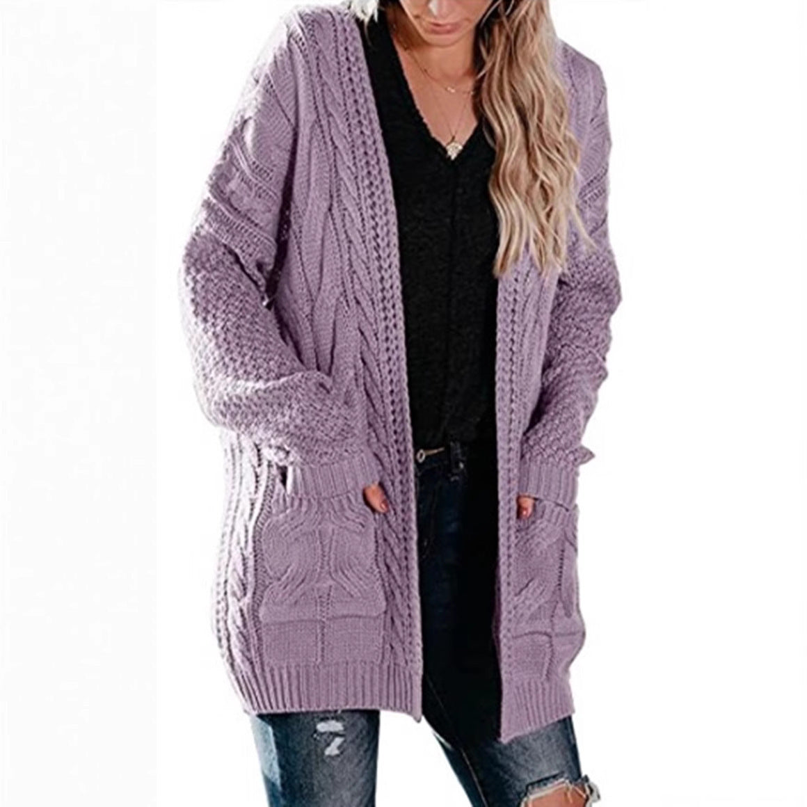 Stickad kofta dam – medellång med fickor