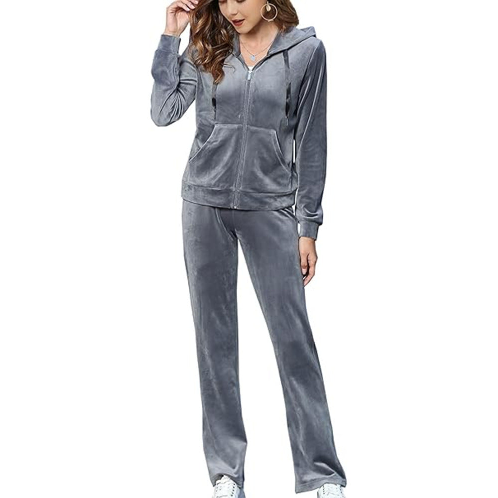 Huvtröja med dragkedja & vida byxor, tvådelat - Velour