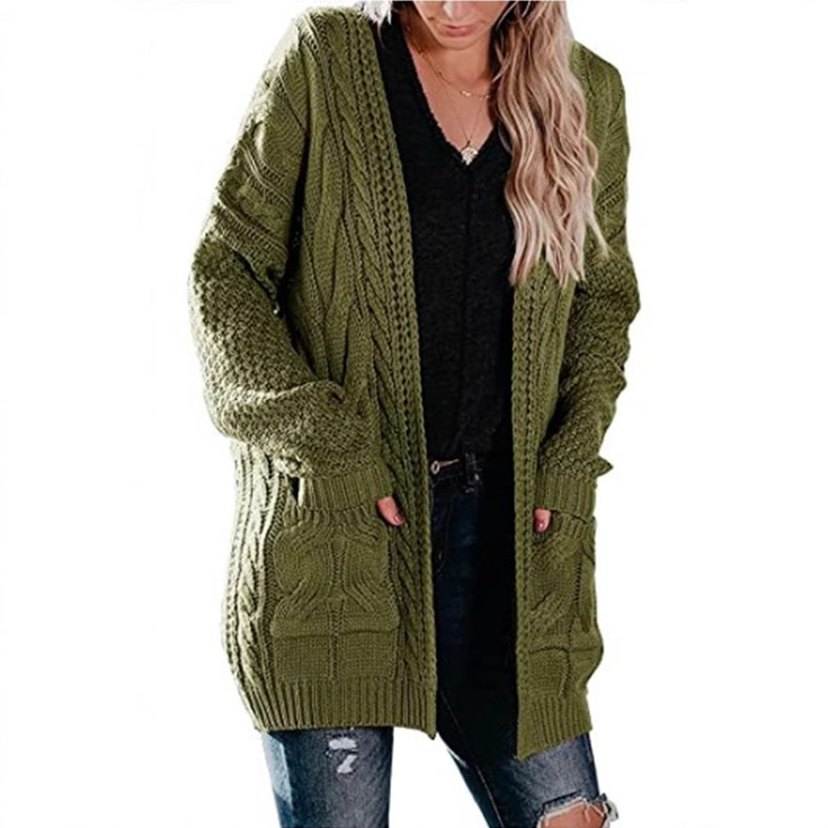 Stickad kofta dam – medellång med fickor