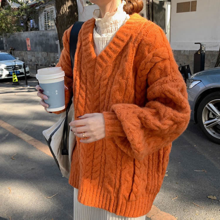 V-ringad Stickad Tröja för Dam – Tjock Kabelstickad Oversize Kofta med Twistmönster