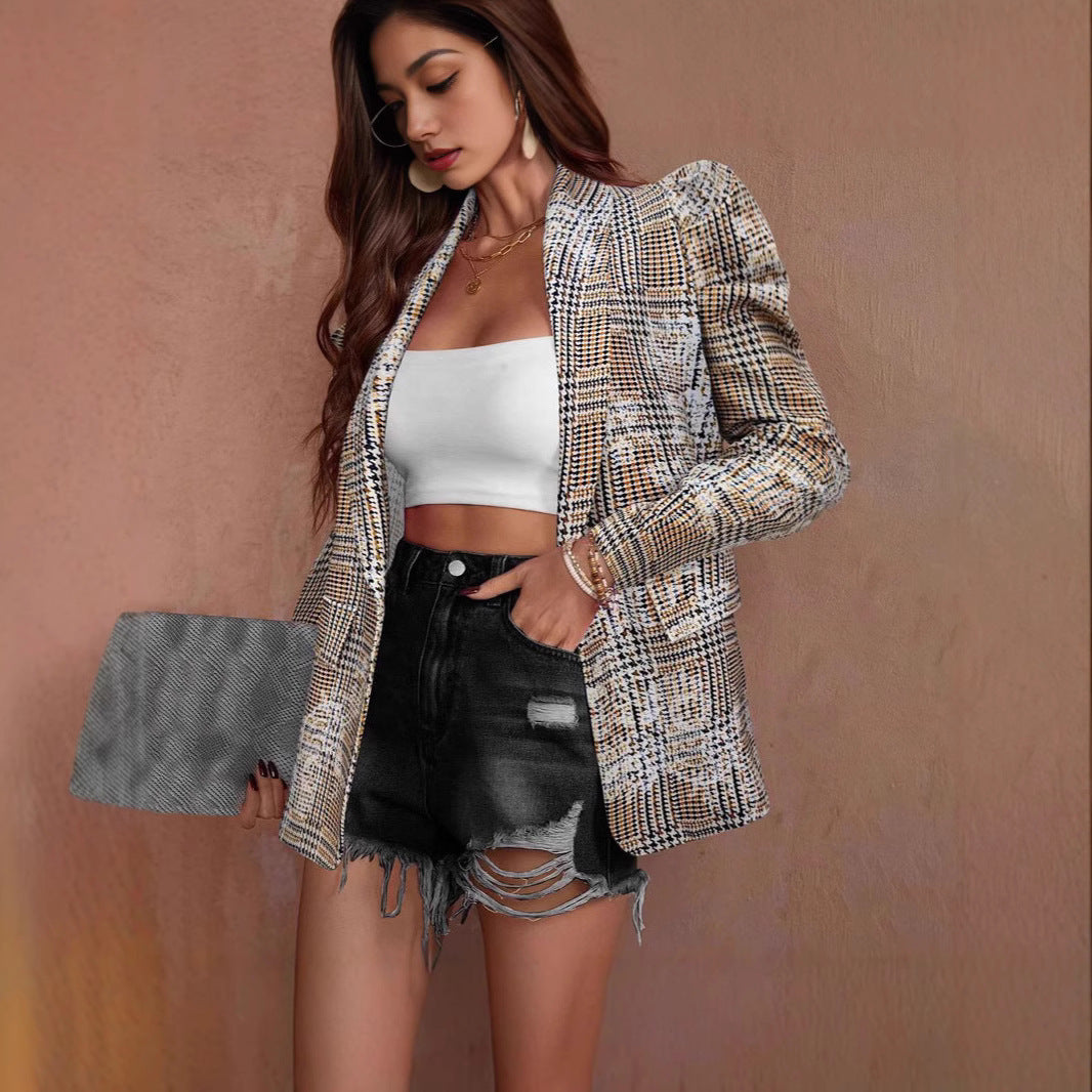 Mönstrad kavaj med plisserade puff-ärmar – lös passform & lång ärm