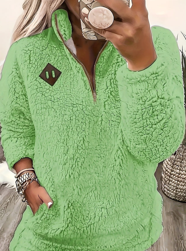 Enfärgad Plysh Pullover med Halvdragkedja och Fickor – Mjuk Tröja för Kvinnor