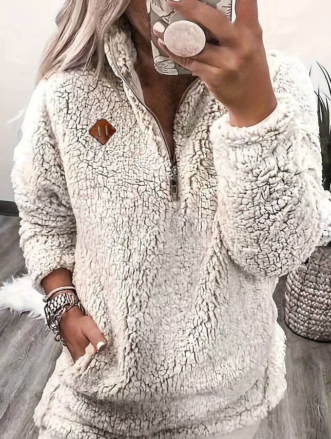 Enfärgad Plysh Pullover med Halvdragkedja och Fickor – Mjuk Tröja för Kvinnor