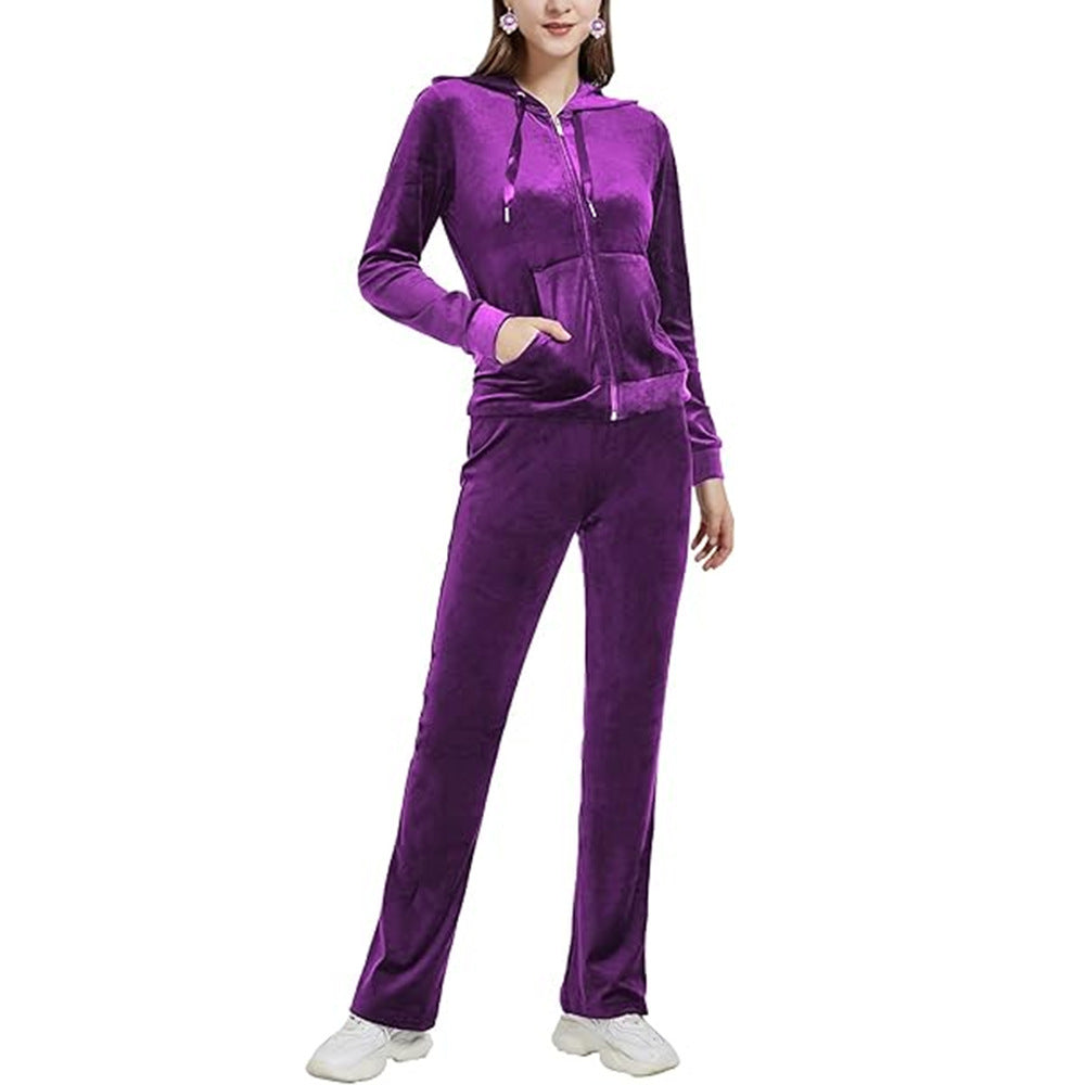 Huvtröja med dragkedja & vida byxor, tvådelat - Velour