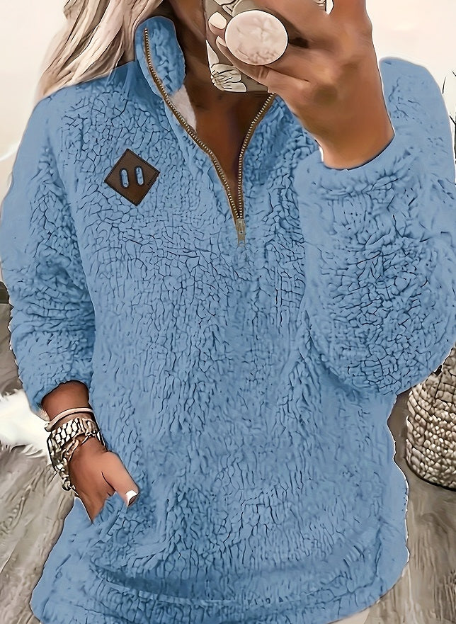 Enfärgad Plysh Pullover med Halvdragkedja och Fickor – Mjuk Tröja för Kvinnor