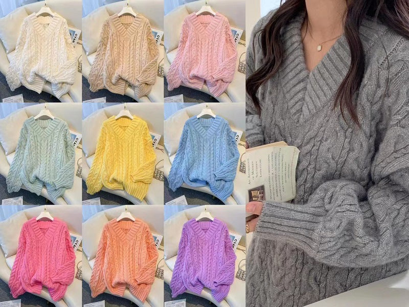 V-ringad Stickad Tröja för Dam – Tjock Kabelstickad Oversize Kofta med Twistmönster