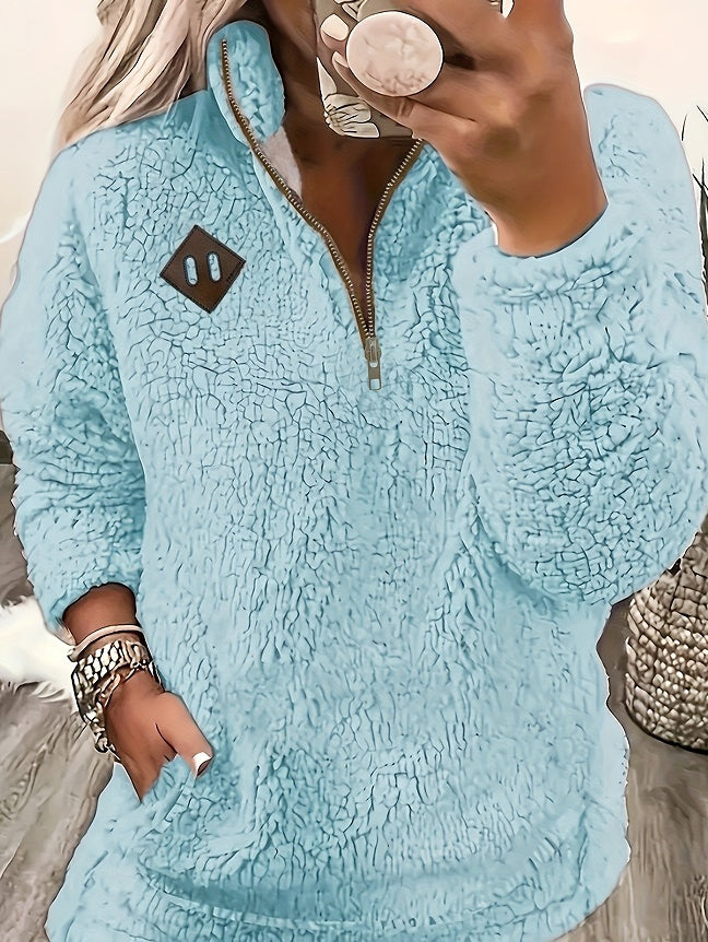Enfärgad Plysh Pullover med Halvdragkedja och Fickor – Mjuk Tröja för Kvinnor