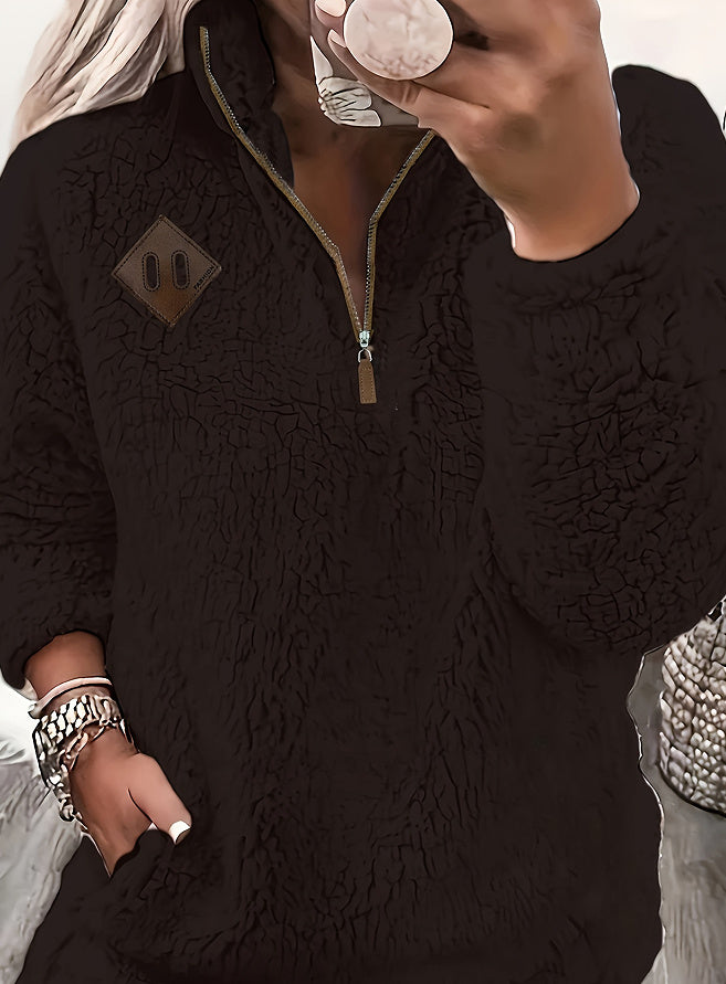 Enfärgad Plysh Pullover med Halvdragkedja och Fickor – Mjuk Tröja för Kvinnor