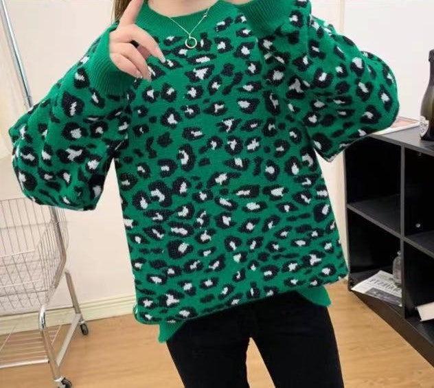 Leopard Jacquard Contrast Color Loose Thick Sweater Pullover Sweater