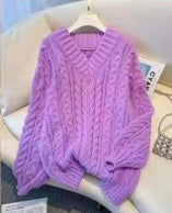 V-ringad Stickad Tröja för Dam – Tjock Kabelstickad Oversize Kofta med Twistmönster