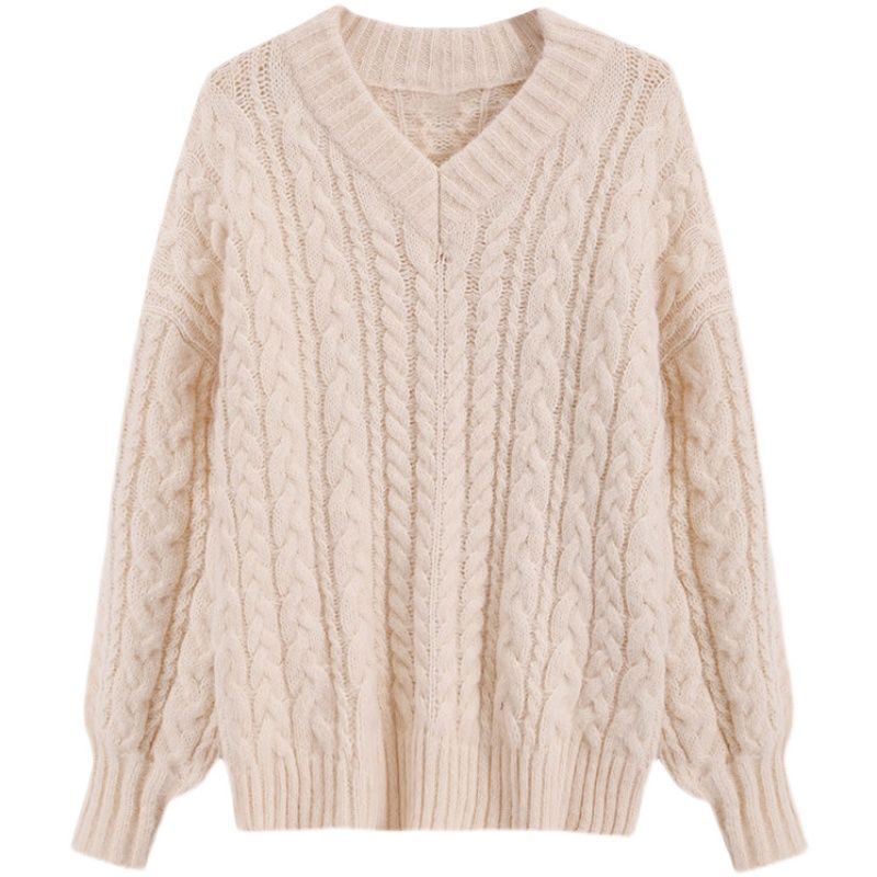 V-ringad Stickad Tröja för Dam – Tjock Kabelstickad Oversize Kofta med Twistmönster