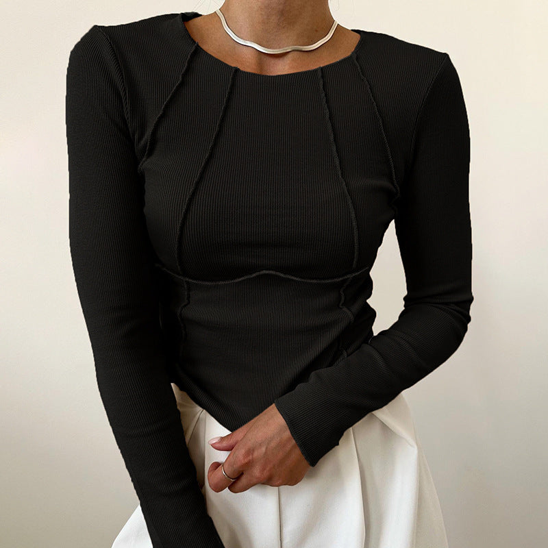 Slim Långärmad Topp för Dam – Enfärgad Stickad