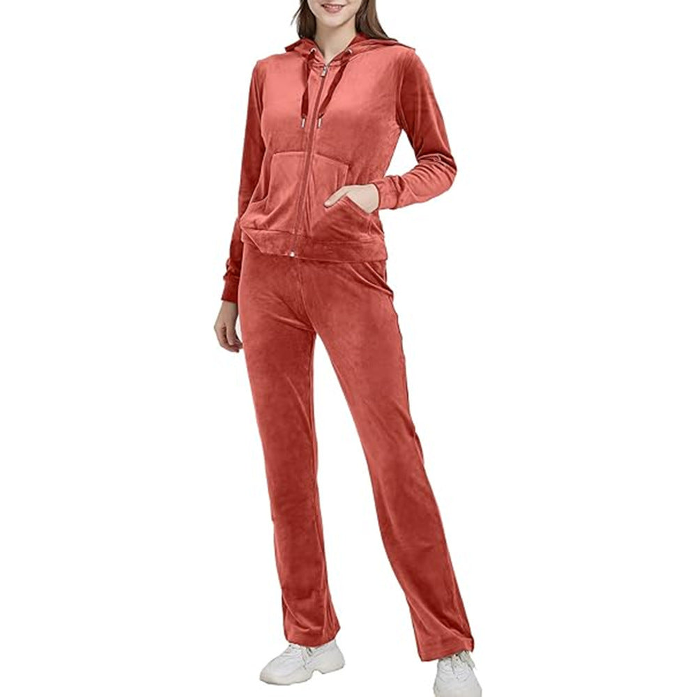 Huvtröja med dragkedja & vida byxor, tvådelat - Velour