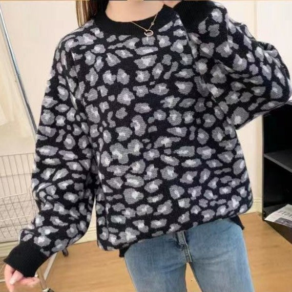 Leopard Jacquard Contrast Color Loose Thick Sweater Pullover Sweater