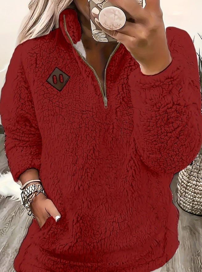 Enfärgad Plysh Pullover med Halvdragkedja och Fickor – Mjuk Tröja för Kvinnor