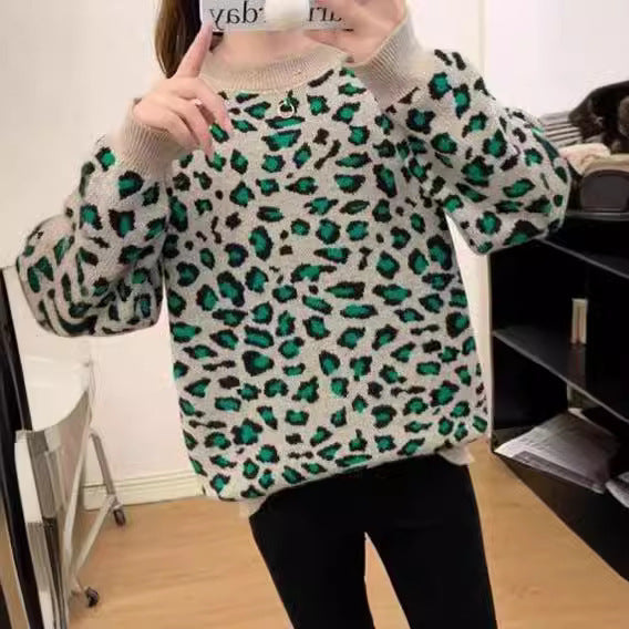 Leopard Jacquard Contrast Color Loose Thick Sweater Pullover Sweater