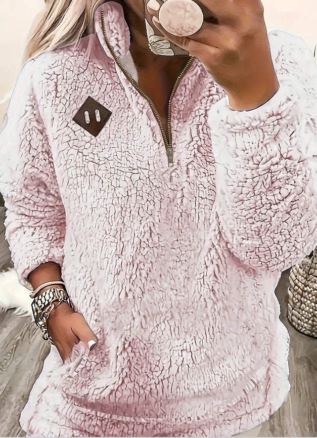 Enfärgad Plysh Pullover med Halvdragkedja och Fickor – Mjuk Tröja för Kvinnor
