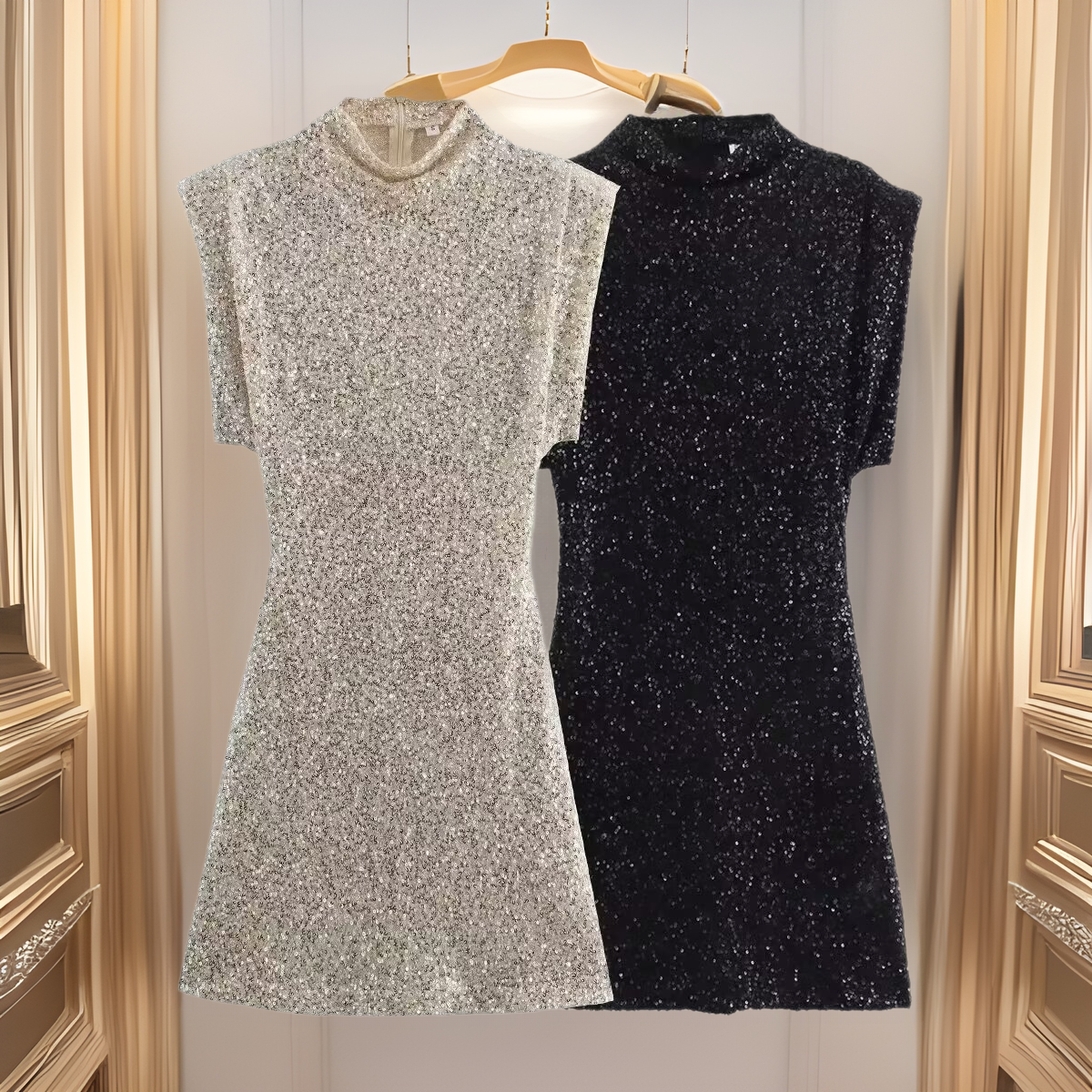 Paljettdekorerad-ärmlös-axelvadd-paljettklänning