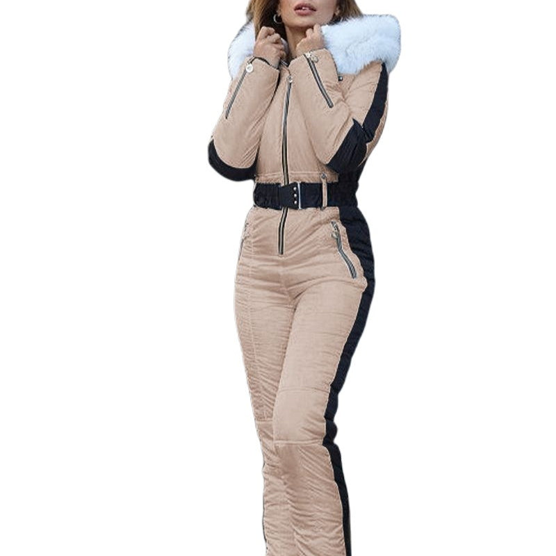 Sportig Skidoverall med Huva – Vadderad Bomullsoverall med fuskpälskrage