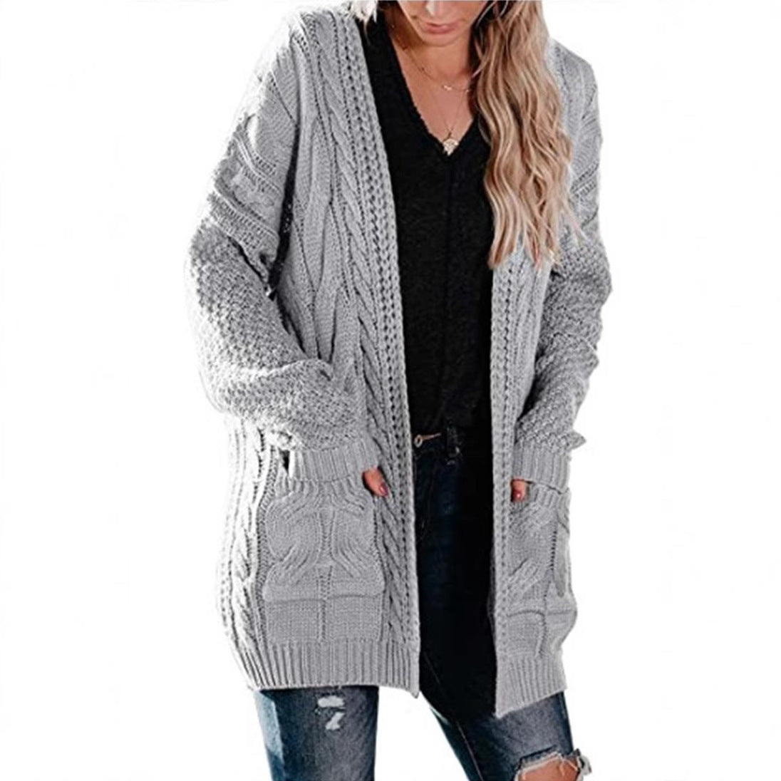 Stickad kofta dam – medellång med fickor