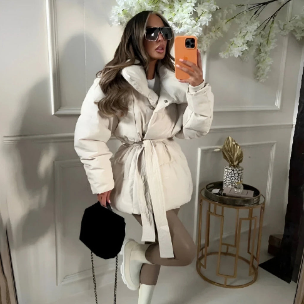 Varm Vinterjacka för Dam – Trendig Bomullskappa med Bälte & Klassisk Krage