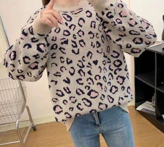 Leopard Jacquard Contrast Color Loose Thick Sweater Pullover Sweater
