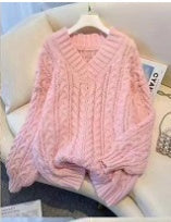 V-ringad Stickad Tröja för Dam – Tjock Kabelstickad Oversize Kofta med Twistmönster