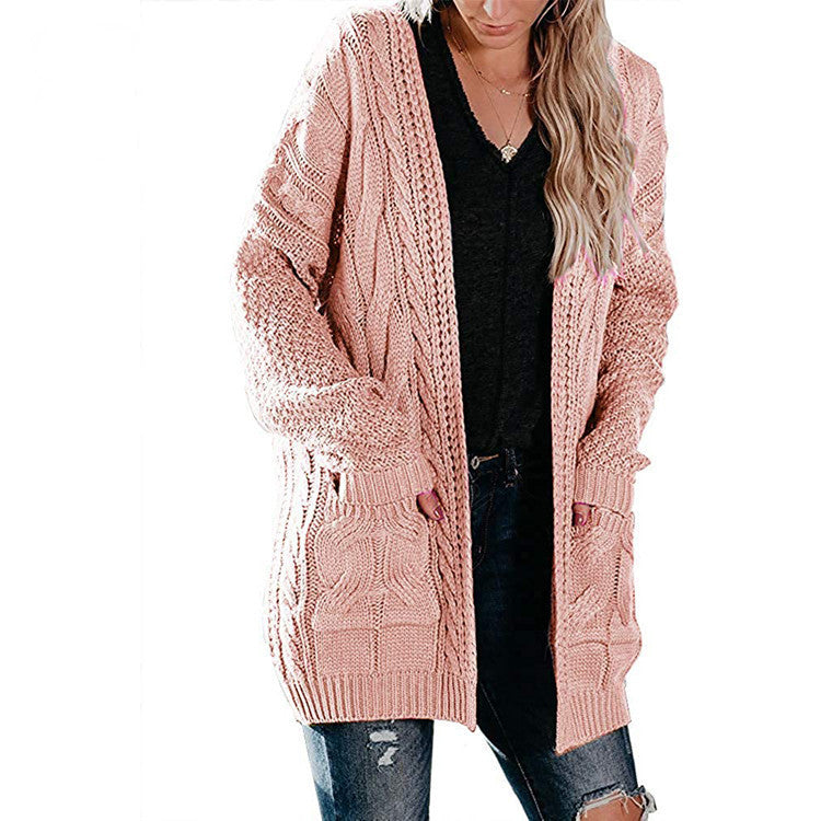 Stickad kofta dam – medellång med fickor