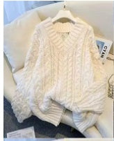 V-ringad Stickad Tröja för Dam – Tjock Kabelstickad Oversize Kofta med Twistmönster