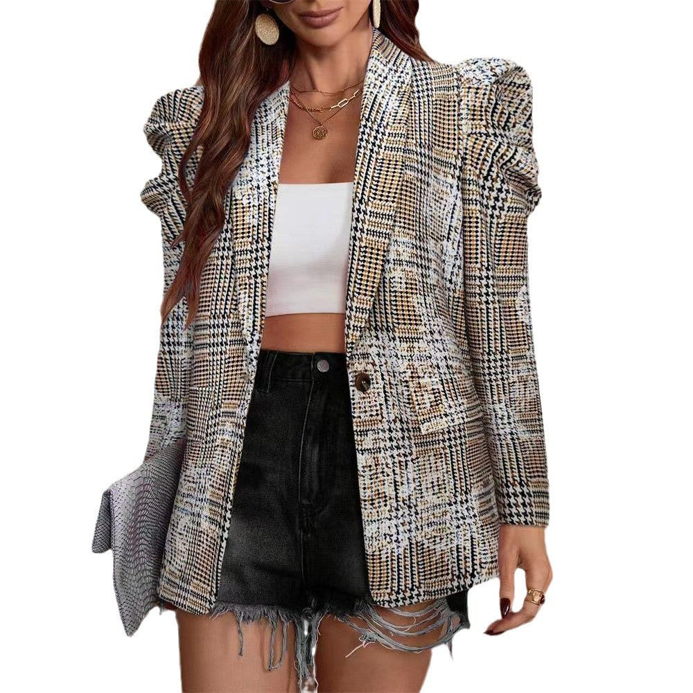 Mönstrad kavaj med plisserade puff-ärmar – lös passform & lång ärm