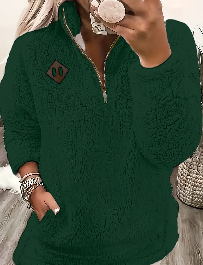 Enfärgad Plysh Pullover med Halvdragkedja och Fickor – Mjuk Tröja för Kvinnor